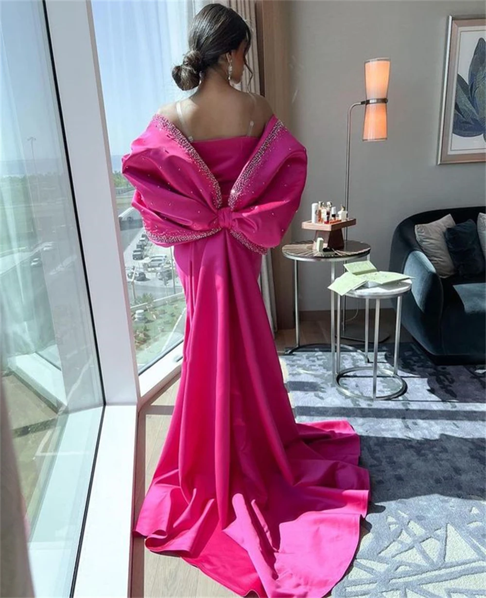 Vestidos de fiesta fucsia personalizados de Arabia Saudita, vestido de noche largo con lazo grande y cuentas, vestidos formales de fiesta de Dubái para mujer