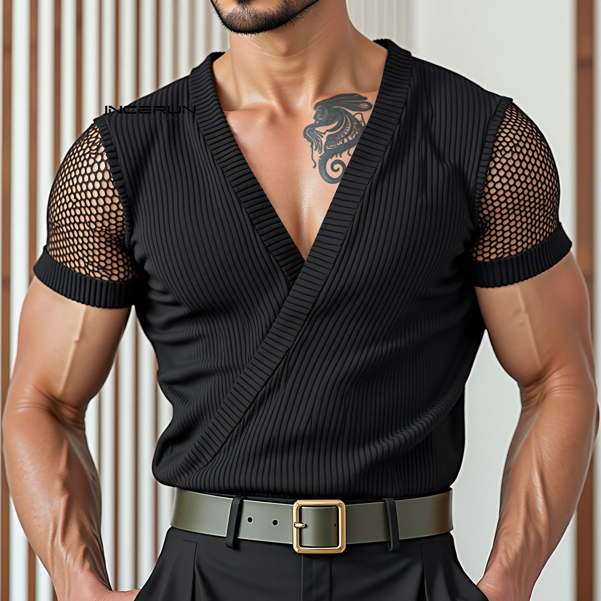 INCERUN Men T Shirt Mesh Patchwork V Neck Short Sleeve Male Tee Tops Summer Streetwear 2025 Fashion Casual Men Clothing S-5XL