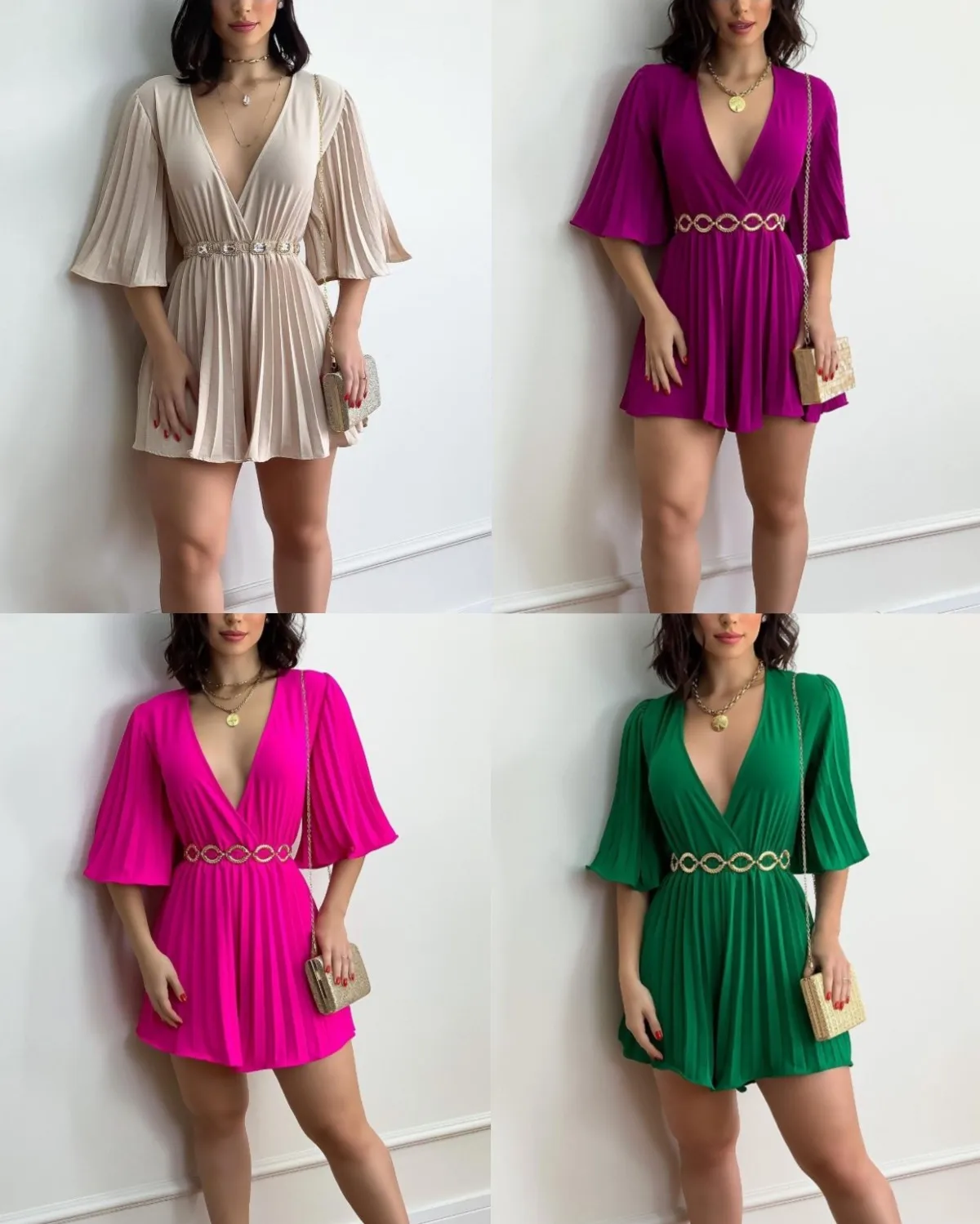 Solid Color Pleated Short Jumpsuits Women Sexy Deep V-neck Backless Flared Half Sleeve Jumpsuit Fashion Elegant Female Clothing