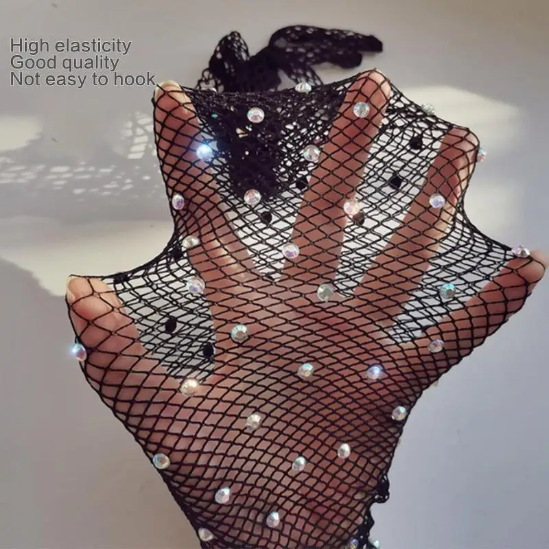 P88A Women Fishnet Gloves with for Rhinestone Fish Net Mesh Arm Long Sleeve