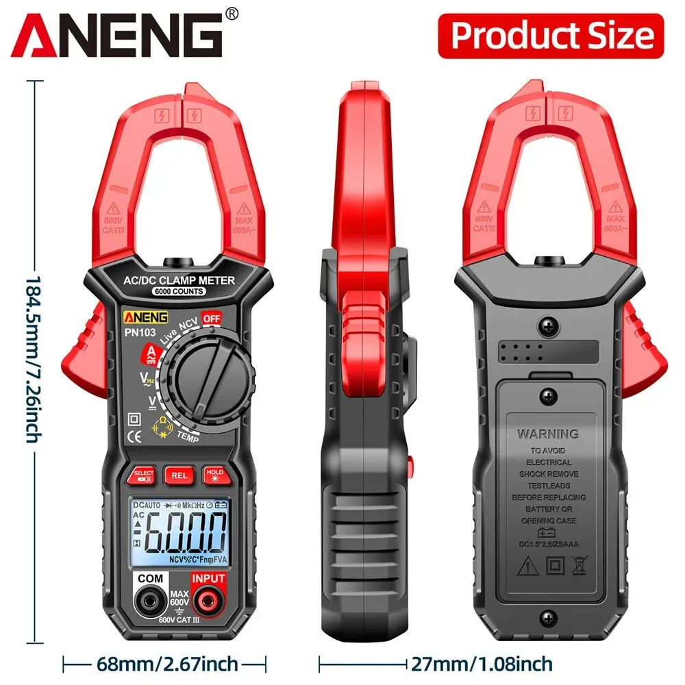 ANENG PN103 6000 liczy cyfrowy miernik cęgowy multimetr 600A AC prąd AC/napięcie prądu stałego Tester pojemności Hz NCV Ohm testery diod