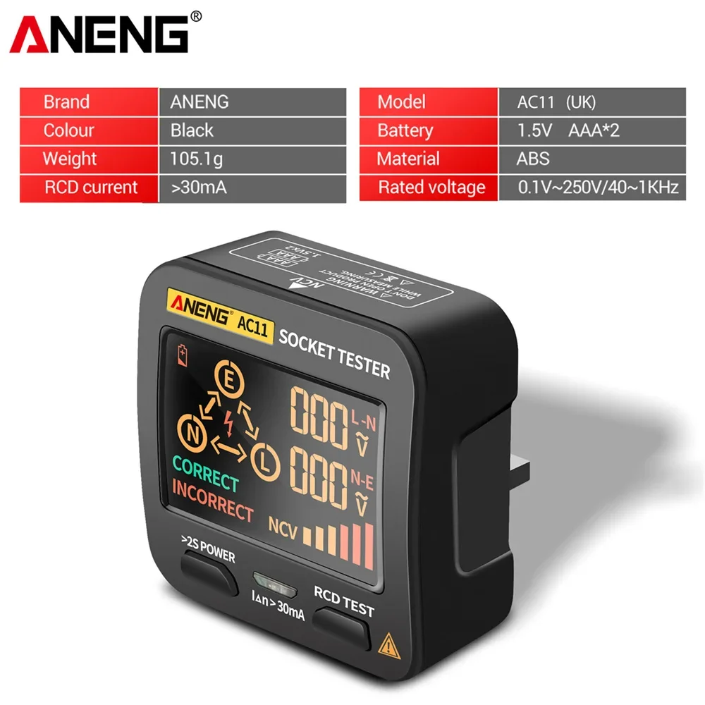 ANENG AC11 Voltage Test Socket Detector Ground Zero Line Phase Check Rcd NCV Test Digital Smart Socket Tester US/UK/EU Plug