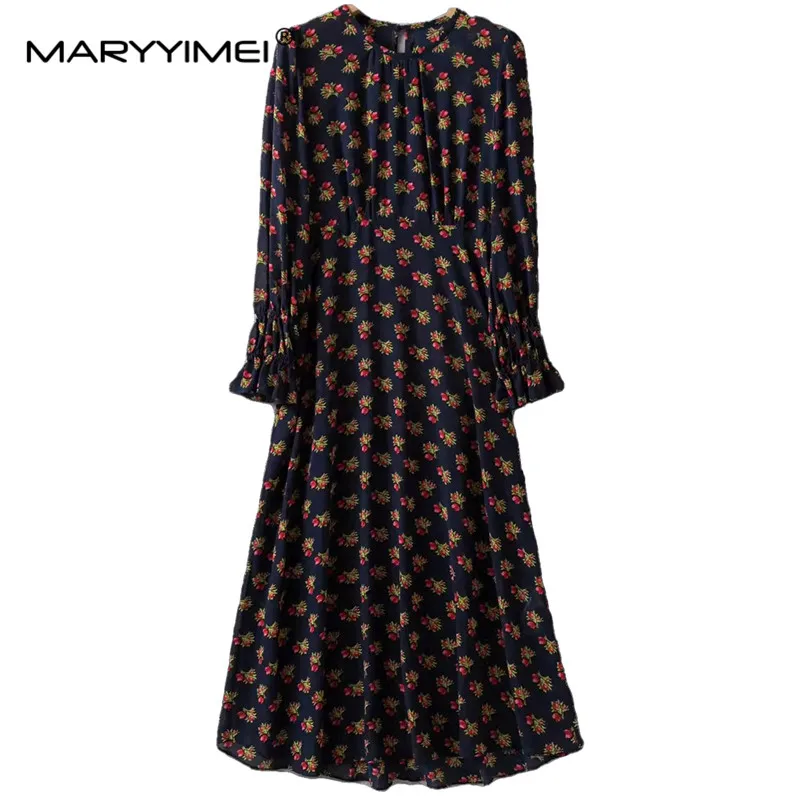 Mary yimei-vestido elegante de tul delgado para mujer, vestido de moda, cuello redondo, manga larga, estampado Floral romántico delicado, nuevo