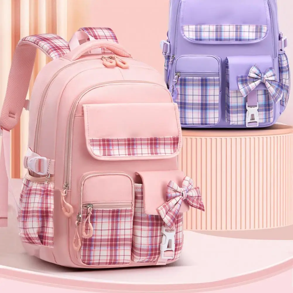 Lightweight School Bag Plaid Print Elementary School Bag with Bow Decor Adjustable Shoulder Strap for Students Capacity