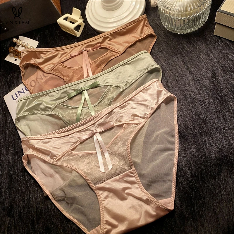 2024 French Superior Silky Milk Silk Underwear Satin Stitching Lace Briefs Girl\'s Bow Hollow Breathable Mesh Underwear Hot pants