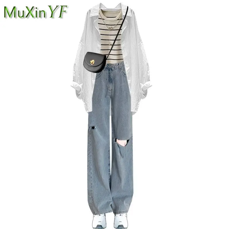 Women\'s Summer Suit 2023 New Casual Shirt Striped Vest Jeans Three Piece Korean Elegant Blouse Denim Trousers Matching Set