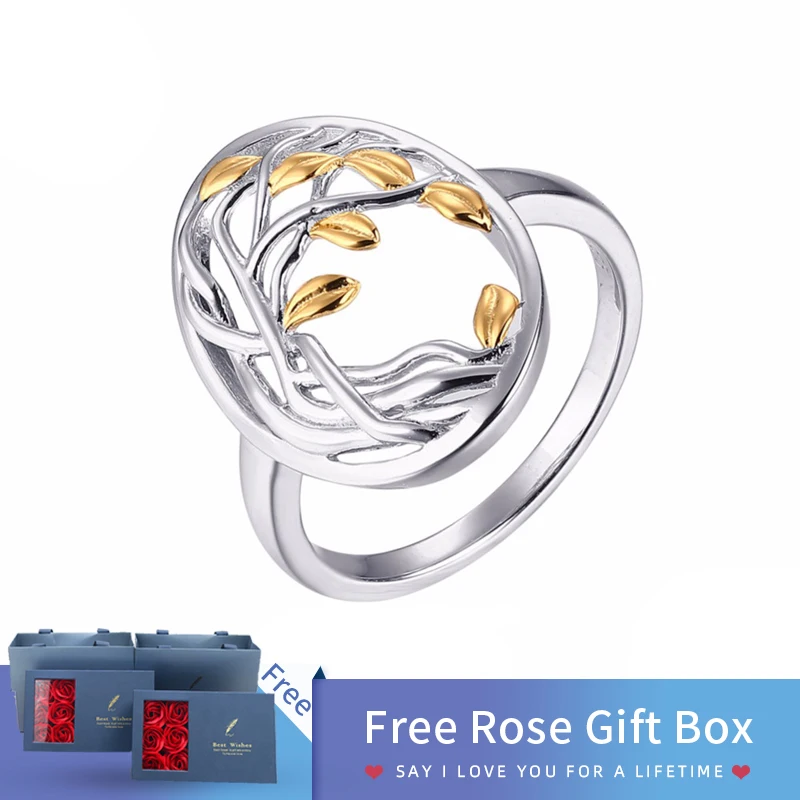 

SA SILVERAGE Real 925 Sterling Silver Life of Tree Engagement Wedding Ring For Women 14k Gold Plated Silver Band Ring Gift