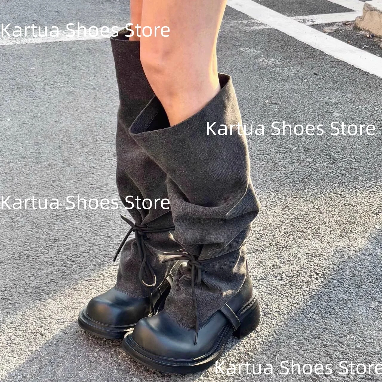 

Women's Black Leather Grey Knit Knee High Boots Lace Up Detail Design Block Heel Boot Retro Casual Ladies Autumn Classic Botas