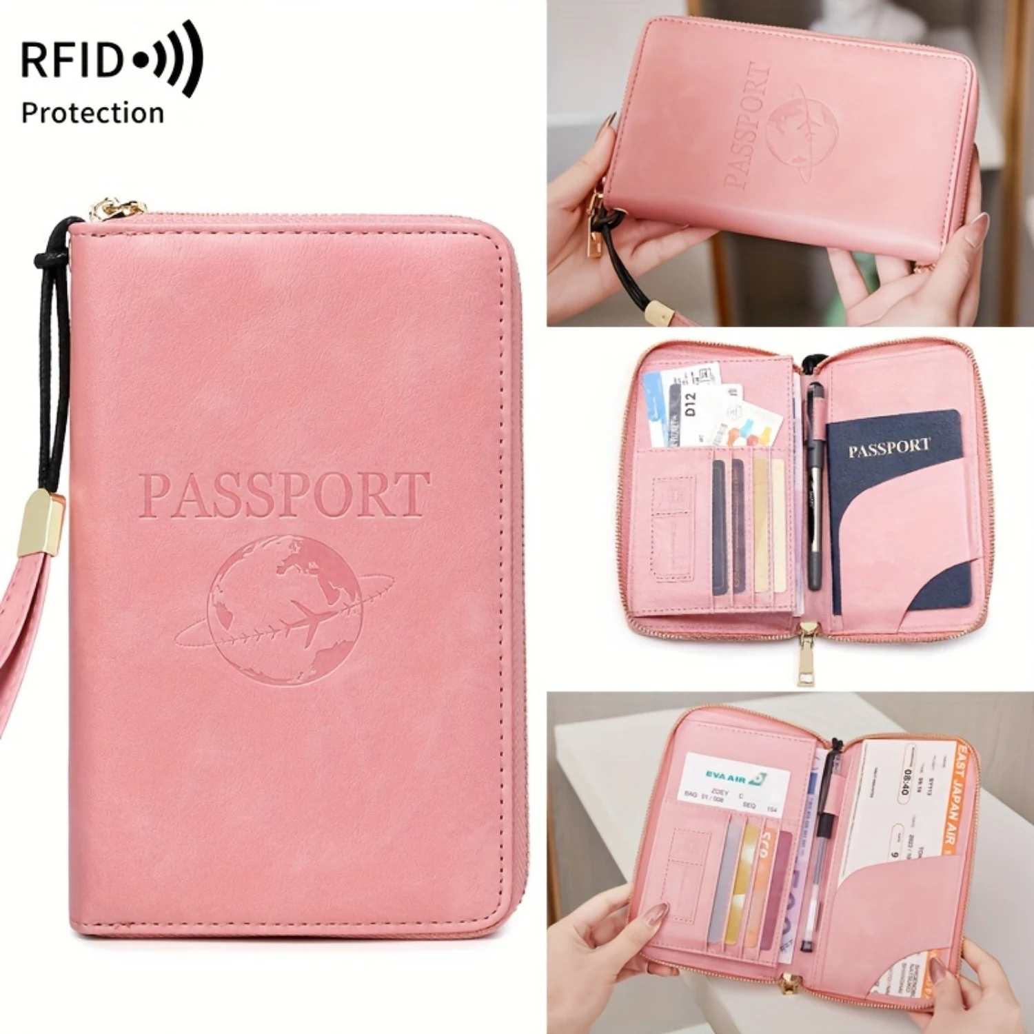 RFID Blocking Passport Cover with Card Slot, PU Leather Airplane Pattern, Versatile Zippered Travel Wallet for Men and Women