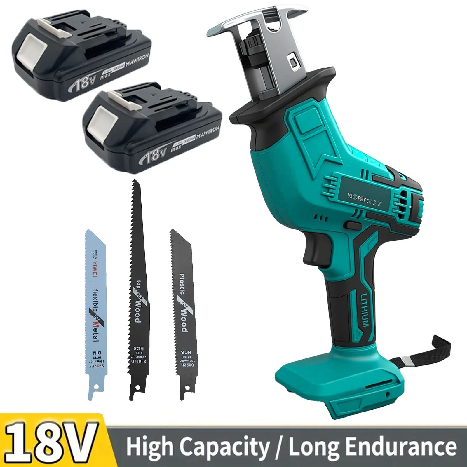 Sierra Recíproca Inalámbrica de 18 V con 2 Baterías de 3000 mAh y Cargador - Sierra Recíproca Inalámbrica con Velocidad Variable (0-3500 SPM), 4 Hojas de Sierra, Luz LED - para Cortar Madera, Metal, Tuberías de PVC y Árboles