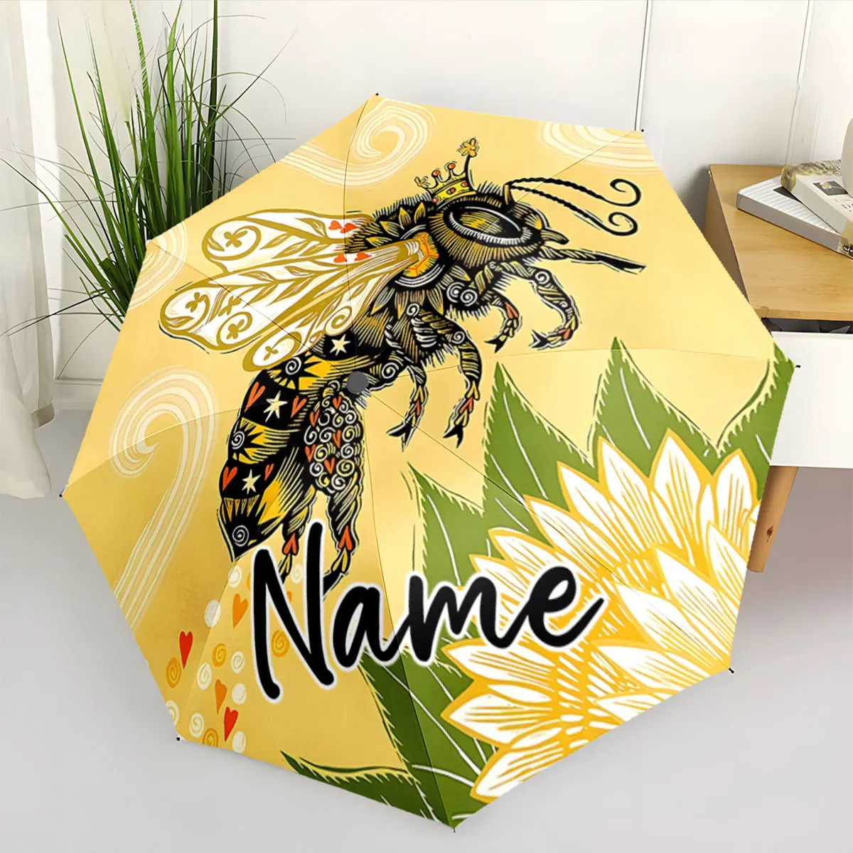 Custom Name Artistic Umbrella With Intricate Bee Design Print 8 Iron Ribs Folding Umbrella Auto-Open Fashion Sunshade