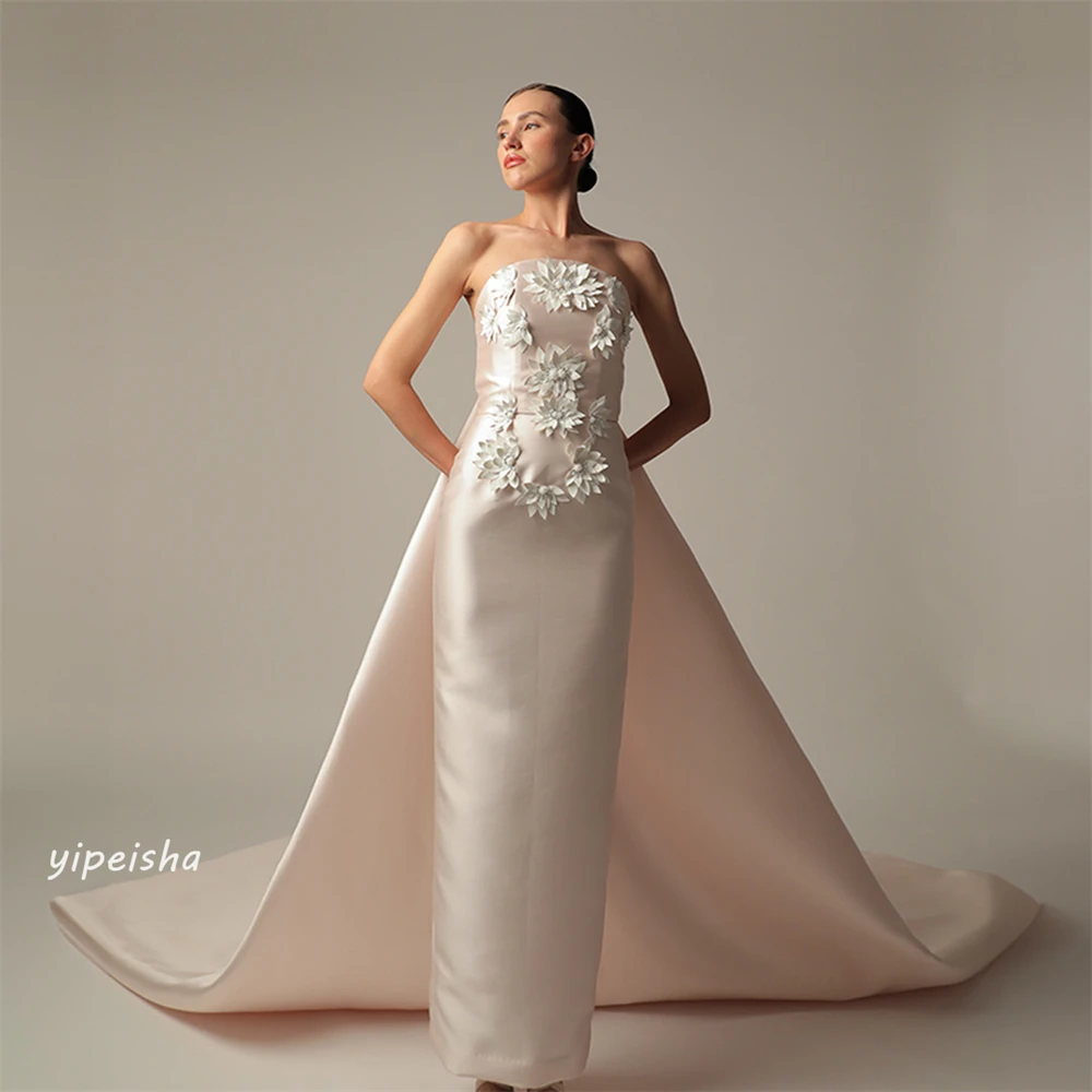 Customized es Flower Draped Wedding Party A-line Strapless Bespoke Occasion Gown Long Dresses