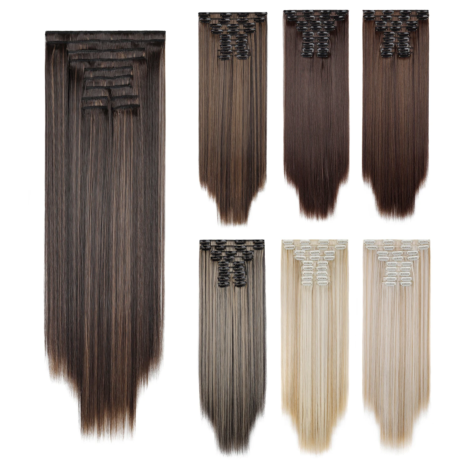 11pcs Clip In Hair Extensions, 24 Inch Long Straight Synthetic Hairpieces, Instant Volume for Full Head Brown Blonde Color