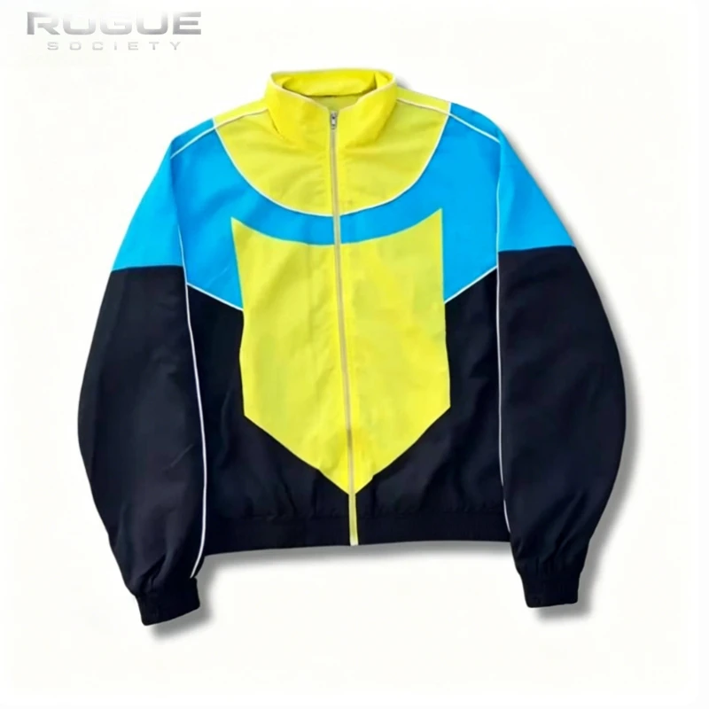Color Block Windbreaker Retro Jacket Men Y2K Streetwear Zip Up Loose Casual Harajuku Athletic Outerwear Summer Sport Unisex Coat