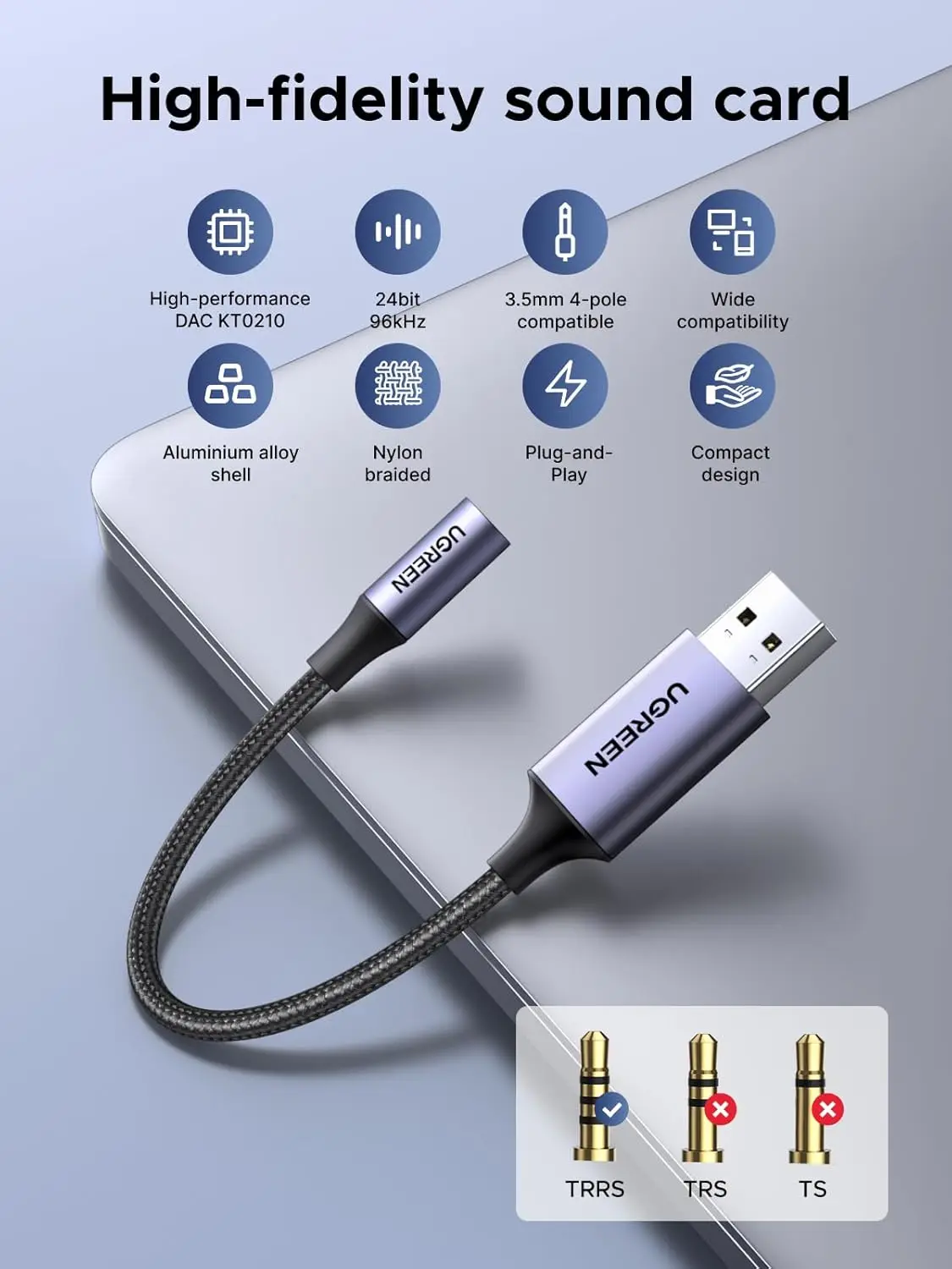 UGREEN USB to 3.5mm Jack Audio Adapter Sound Card Support Mic TRRS Headphone DAC 24bit 96kHz Nylon Braided USB to Aux Jack