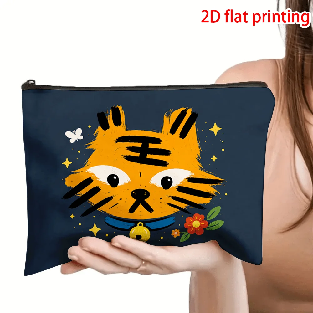 1 Piece Orange Tiger Design, Dark Blue Background Makeup Bag - Multifunctional Zipper Pouch for Women, Perfect Travel Zipper