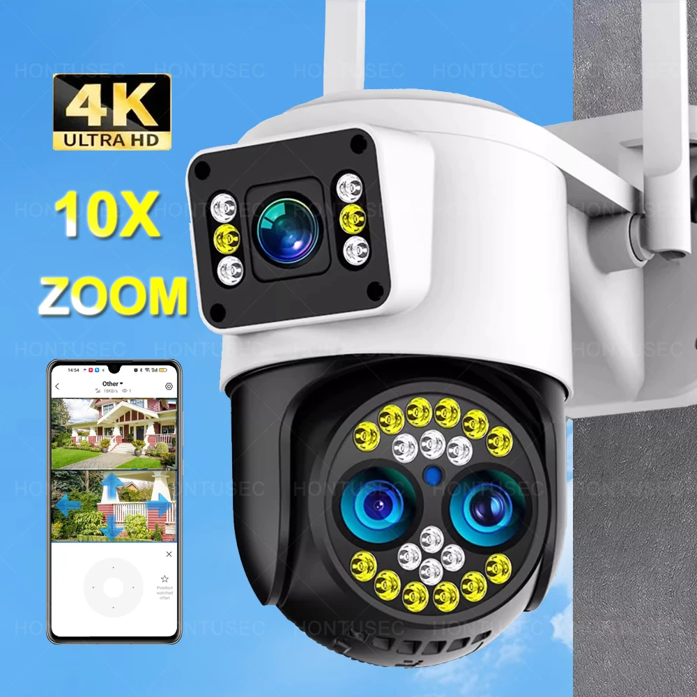 

Yoosee 4K 8MP Three Lens Dual Screens 10X Zoom Wifi PTZ Two Way Audio Color Night Vision Auto Tracking Surveillance IP Camera