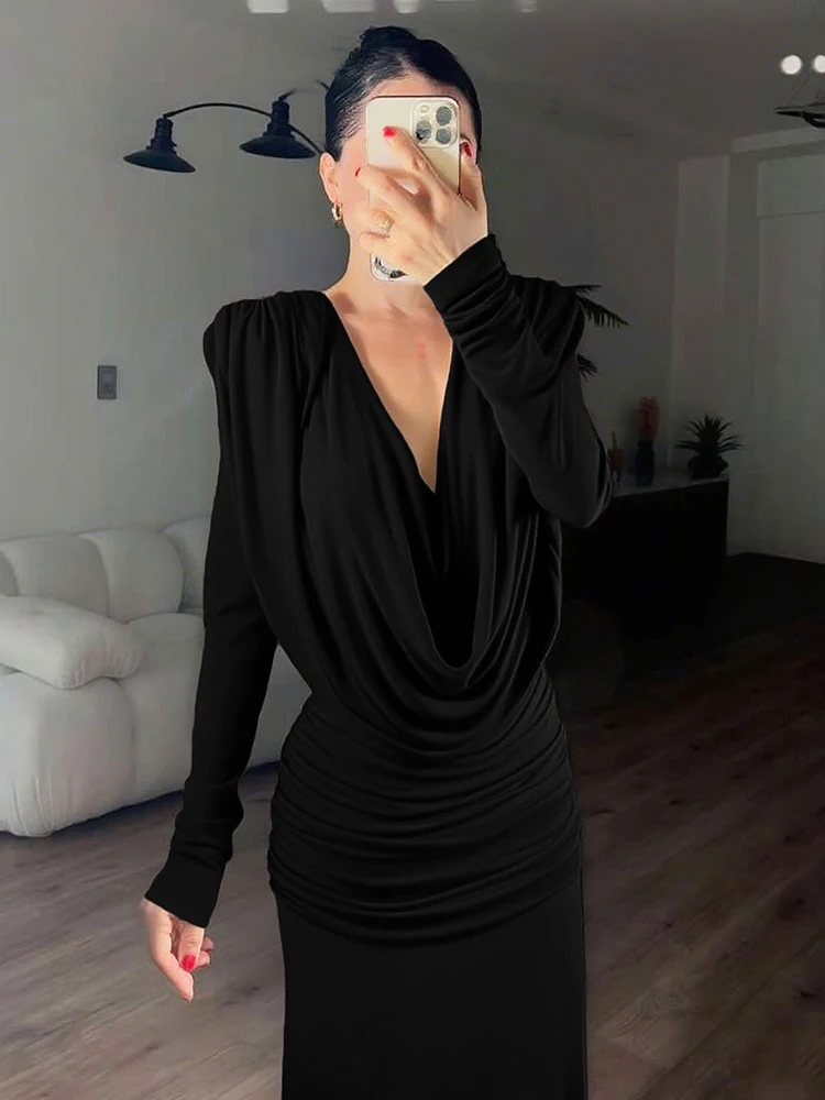 Nibber Pfirsich Gesäß Maxi Kleid Swing Kragen Backless Langarm Solide Dünne Stretch Elegante Bankett Hipster Chic Vestidos