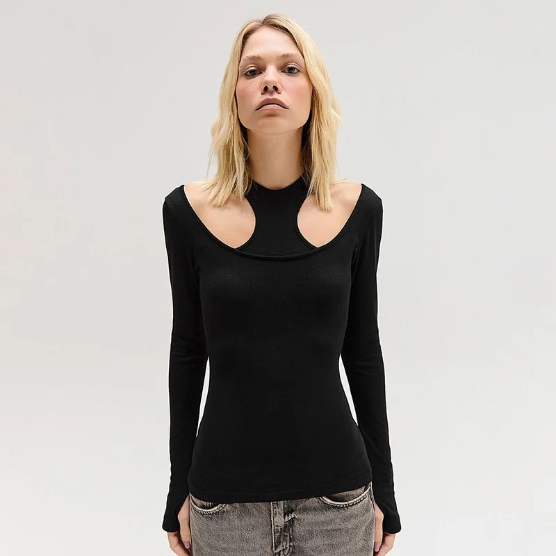 Women Halter Neck Long Sleeve Yoga Shirt Ribbed Fabric Stretch Neck U-shaped Back Fitness Sport T-shirt Fitness Top