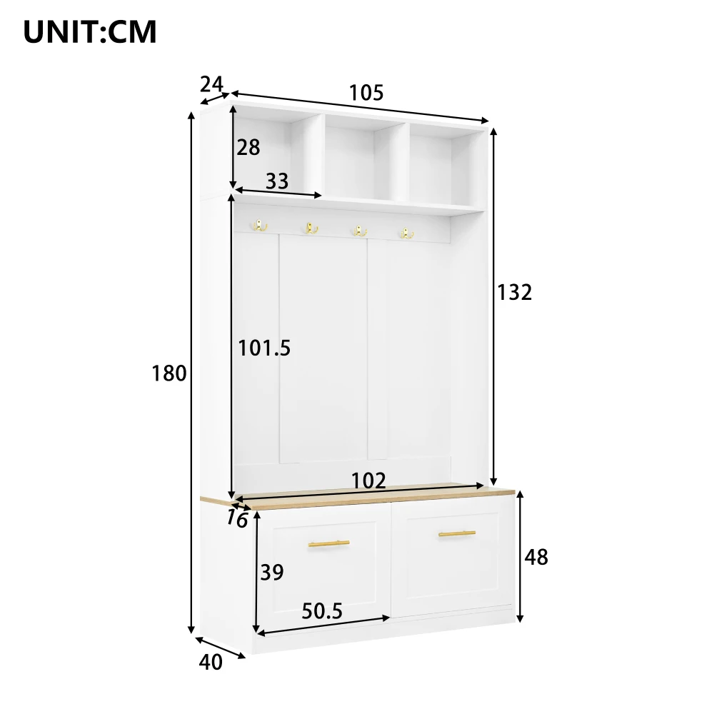 PINGGO Naturweißes Kompaktes Kleiderschrank-Set mit Sitzbank 2 Türen Offene Aufbewahrung 4 Haken 105x40x180cm – Detail 4