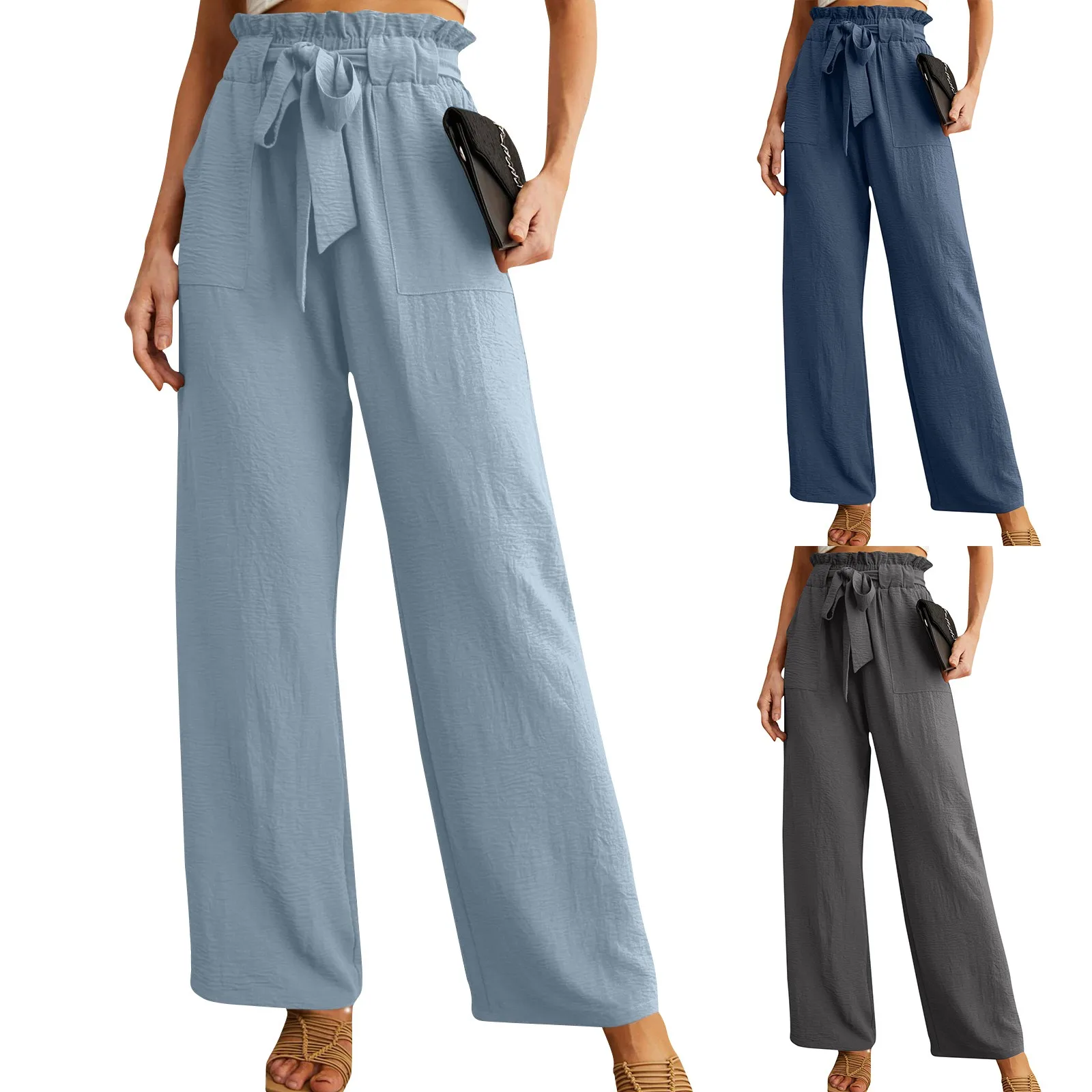 Pantalon à Jambes Larges pour Femme, avec Poches, artificiel astique, Taille Haute, Simple, Solide, 03/Commute, Confortable, Cool, Été