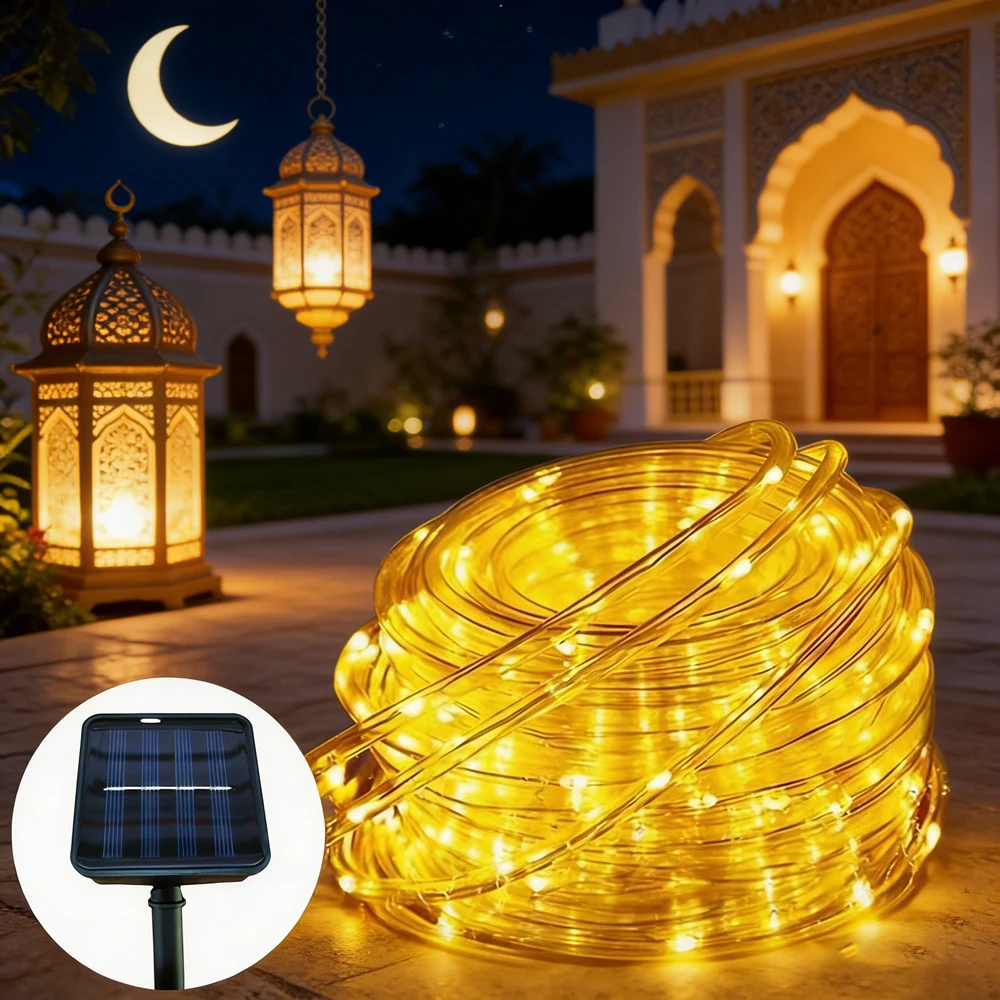 

Eid Mubarak LED Strip Rope Tube Fairy Light Solar Powered Garland String Light Decor for Outdoor Garden Lawn Tree Yard Fence