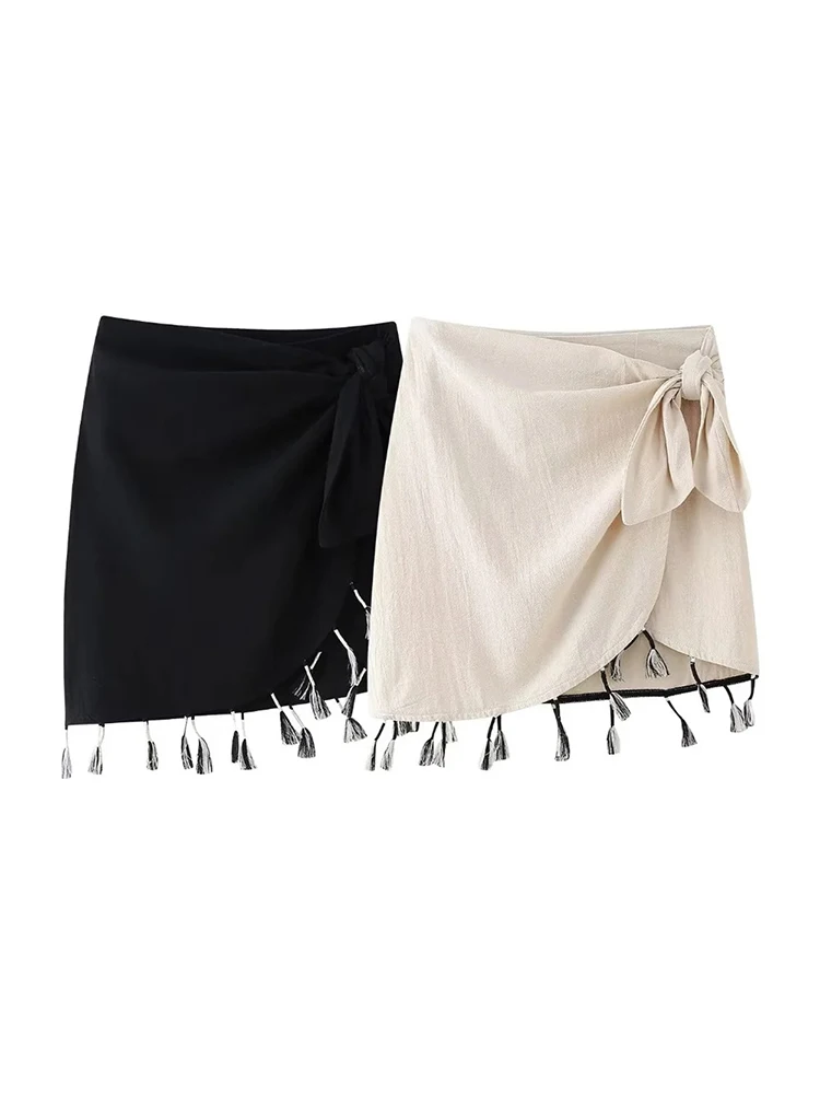 

Fashion Under Tassel Summer Women's Asymmetrical Mini Skirts Female Side Knotted High Waist Black Streetwear Short Skirt