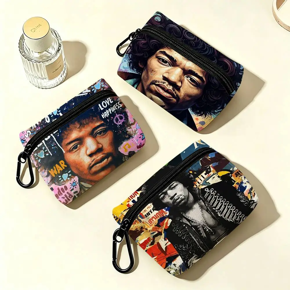 Singer J-Jimi H-Hendrix Anti-fade Oxford Cloth Small Zipper Coin Bag Lightweight Hanging Wallet For Coins ID Cards