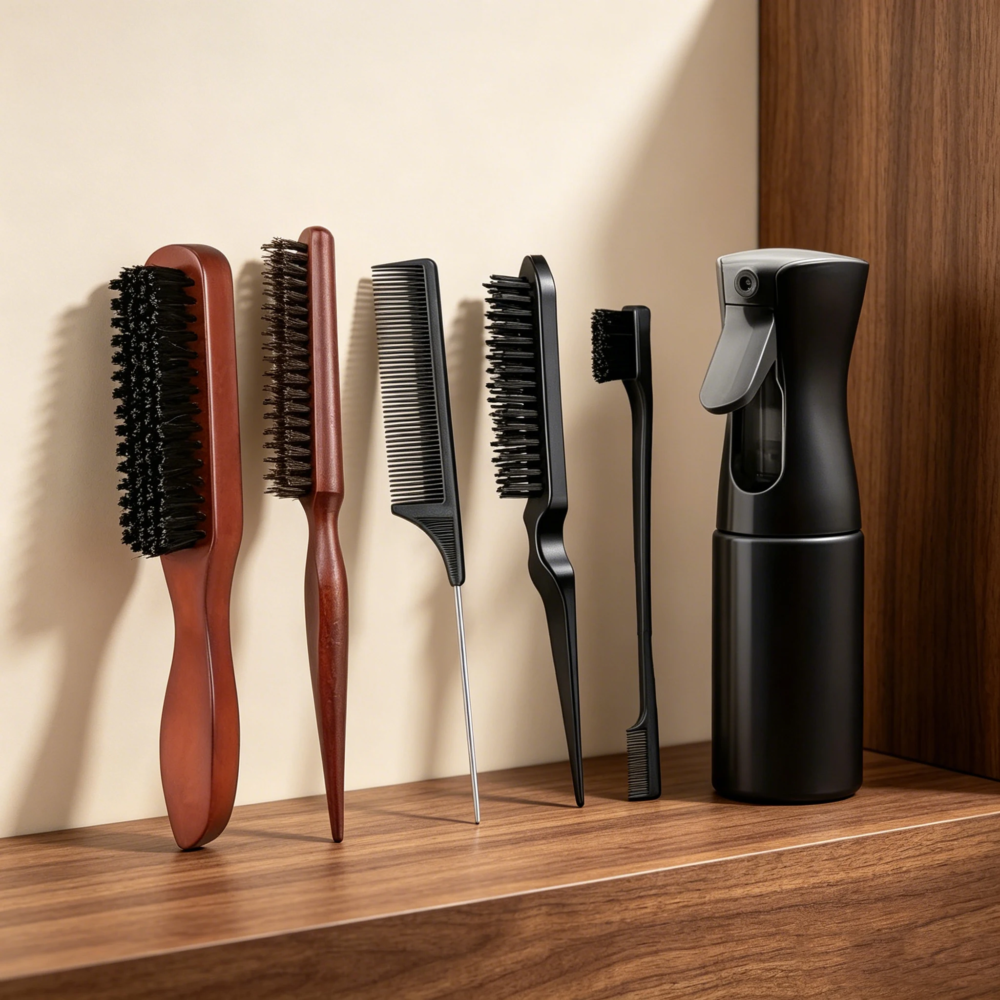 Comb styling set of 5/6 pieces, with spray bottle, hair brush, pointed tail comb, edge control comb, special for real hair wigs