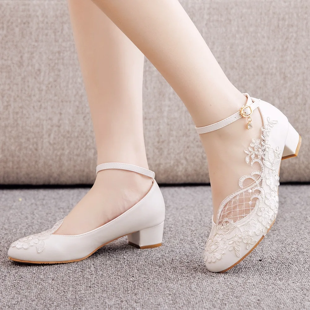 Women Fashion Shoe Sexy Women Pumps Ankle Round Toe Wedding Lace PU 3.5CM Square Heel Buckle Strap Dress Low Heels Woman Shoes