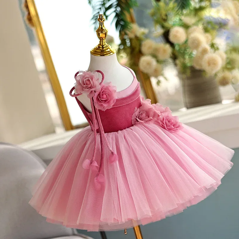 

Children Cute Flower Design Sleeveless Birthday Party Dress y1498 2025 New Girls Host Performance Princess Ball Gown