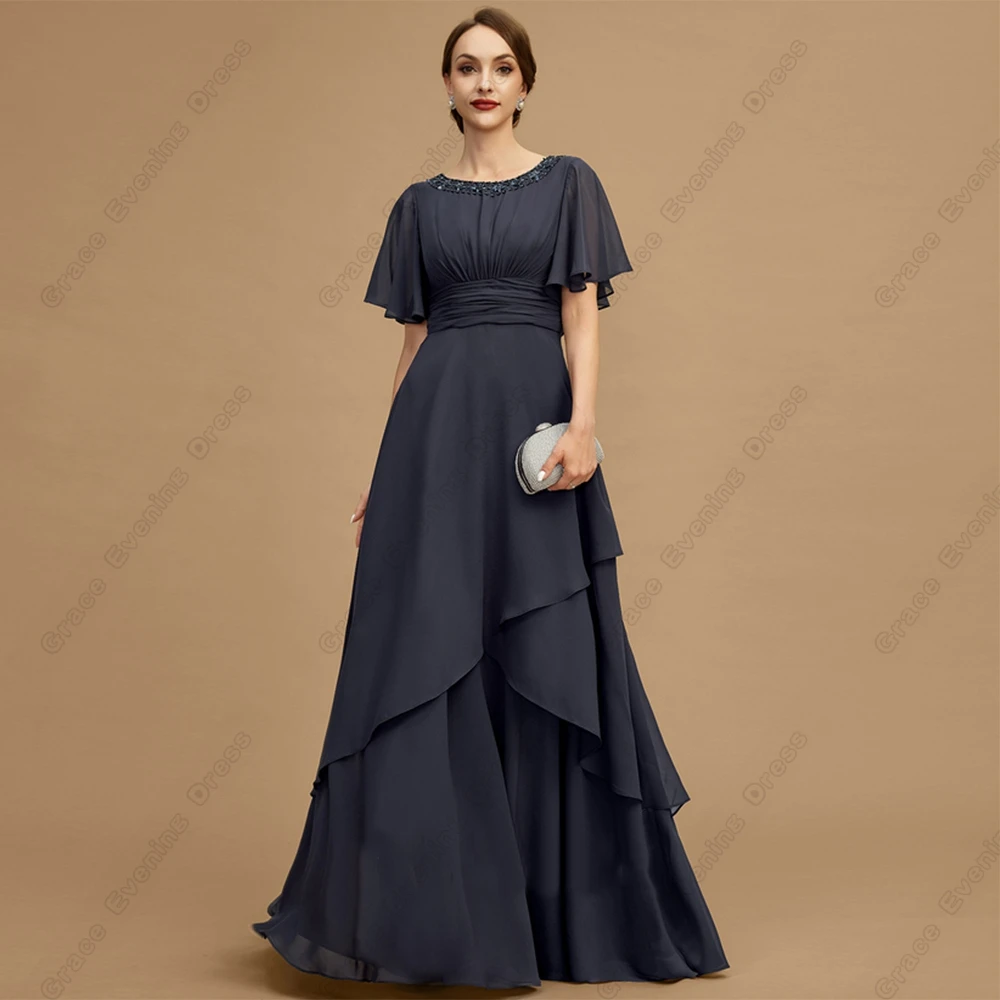 Charming Scoop Mother of Bride Dresses with Sequined Short Sleeve Pleat Chiffon Beach Wedding Party Gown Robe De Soirée Summer