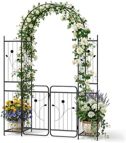 87-Inch Metal Garden Arch with Lockable Gate, Side Shelves, Black | Heavy-Duty Arbor Trellis for Climbing Plants