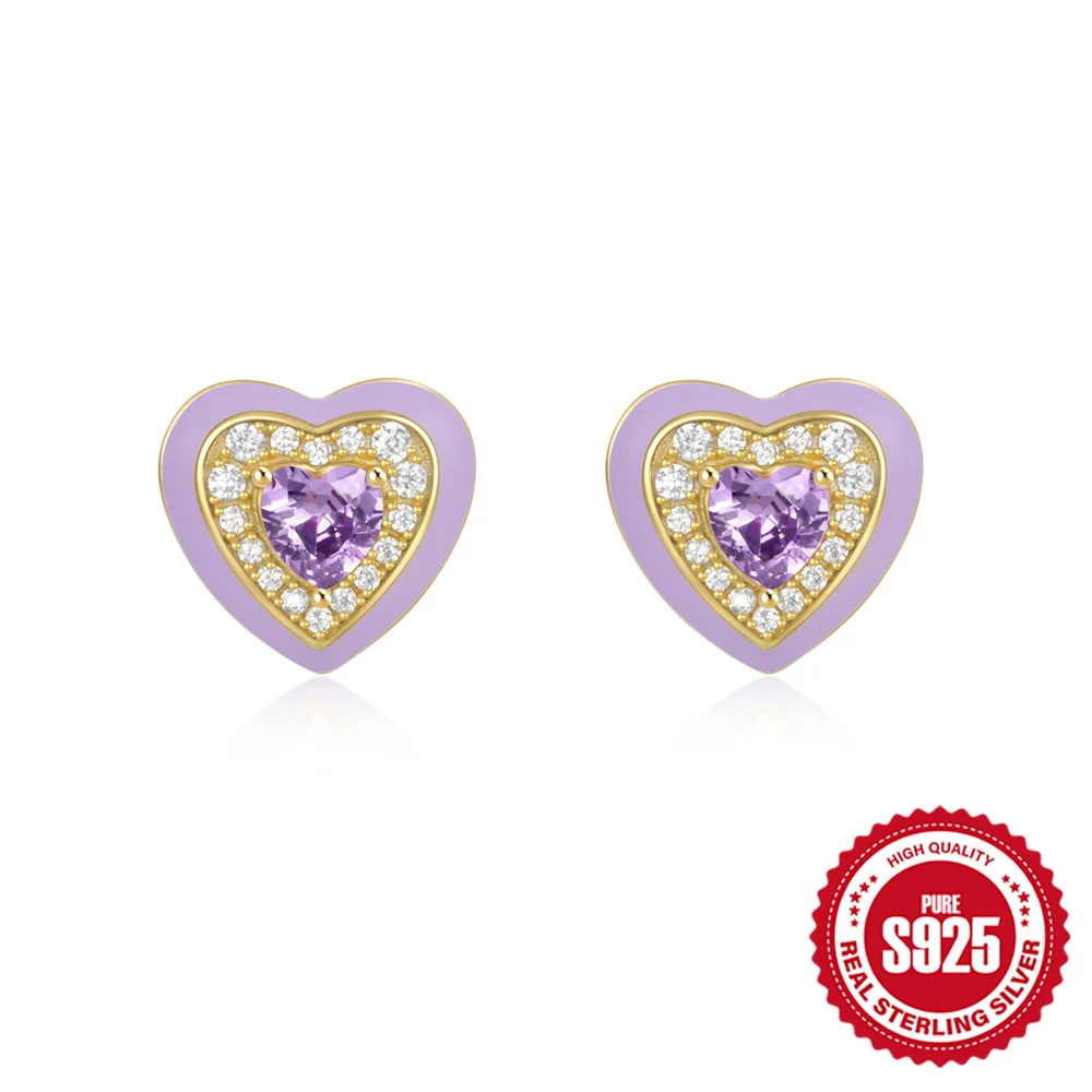 100% 925 Sterling Silver Mini Heart-Shaped Oil-Drip Colored Zircon Stud Earrings Ladies Party Birthday Gifts Fine Jewelry