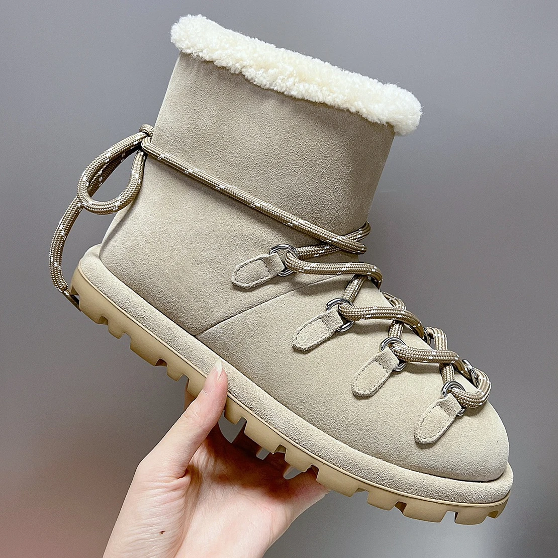 high-quality Women\'s Boots 2024 new cowhide suede snow boots all made of real wool flat bottom winter warm women\'s shoes