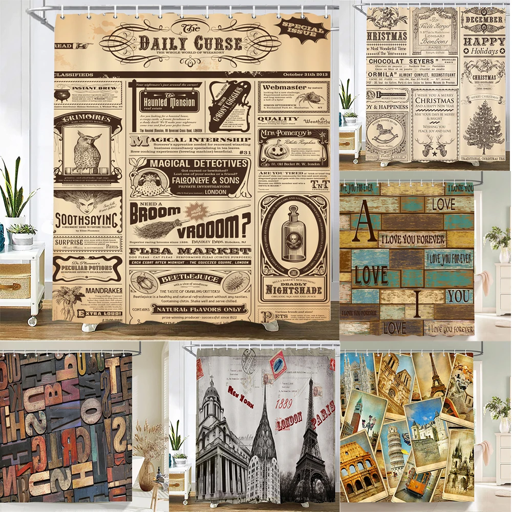 Funny Retro Vintage Car Shower Curtains Waterproof Bathroom Curtain Cool Old Newspaper Bath Curtain High Quality Shower Curtain