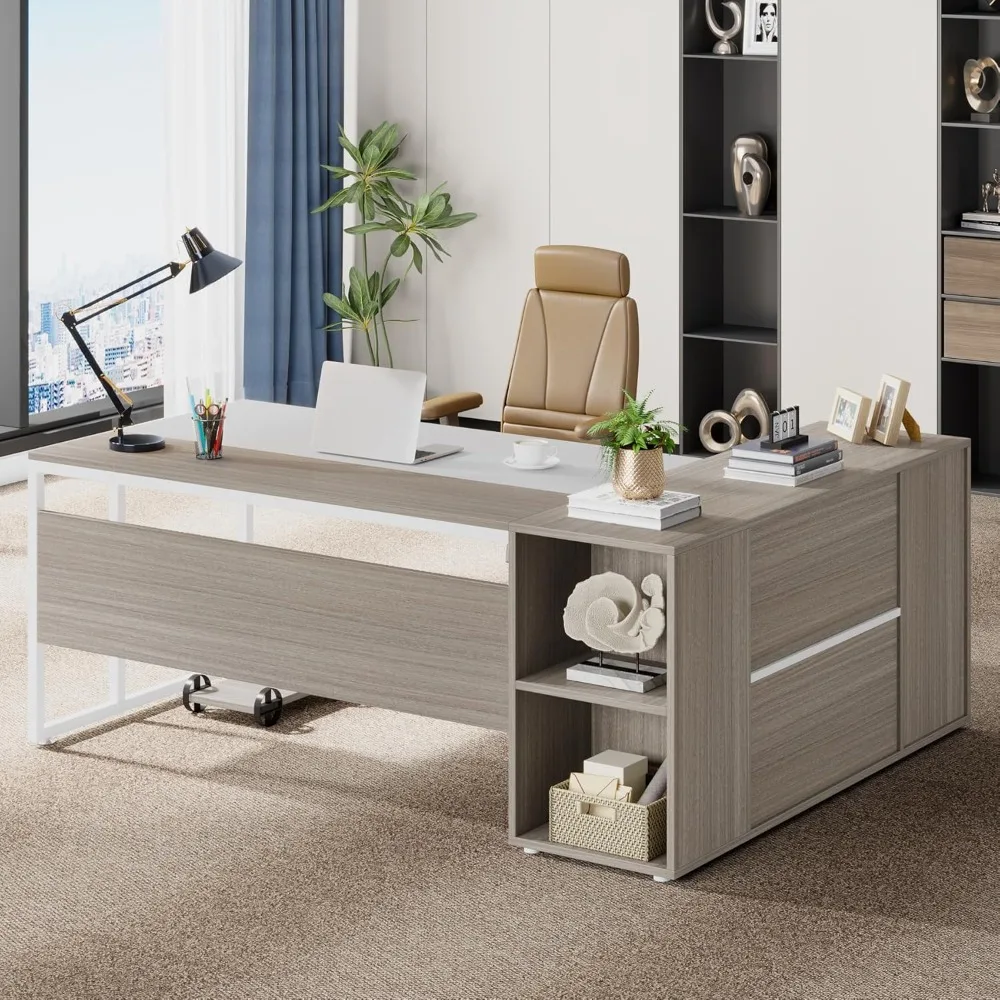

71 Inch Executive Desk, L Shaped Desk with Cabinet Storage, Executive Office Desk with Shelves, Business Furniture Desk