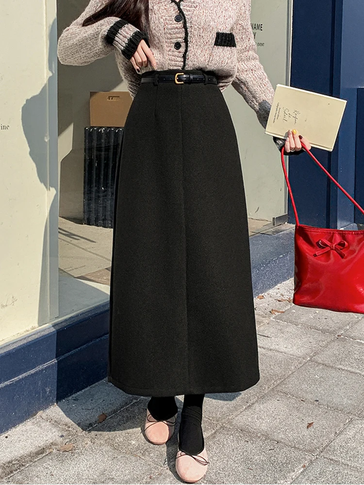 2025 겨울 롱 스커트 여성 빈티지 스트레이트 따뜻한 울 맥시 스커트 여성 벨트 하이 웨이스트 스플릿 오피스 스커트 블랙 그레이 퍼플