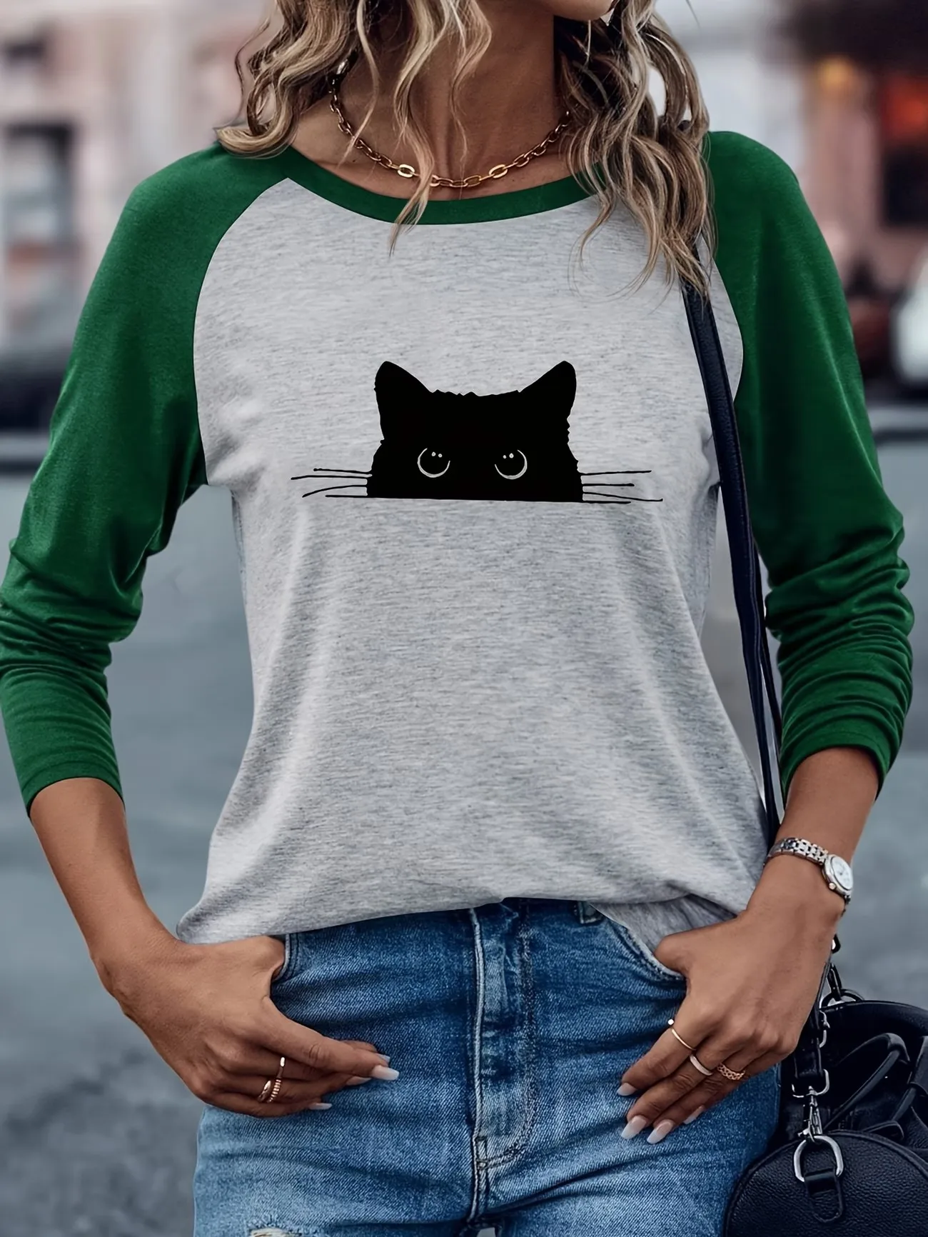 Streetwear Schwarzes Katzen-Kawaii-Langarm-T-Shirt Lustiges Katzen-Winter-Herbst-Grafik-Langarm-Komfort-T-Shirt für Damen