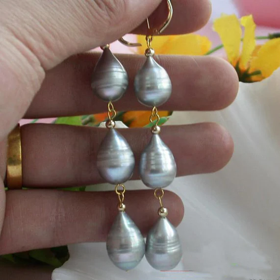 

Favorite Pearl Jewelry,Huge 13mm Gray Rice Freshwater Pearl Dangle Earring,Charming Wedding Birthday Party Perfect Lady Gift