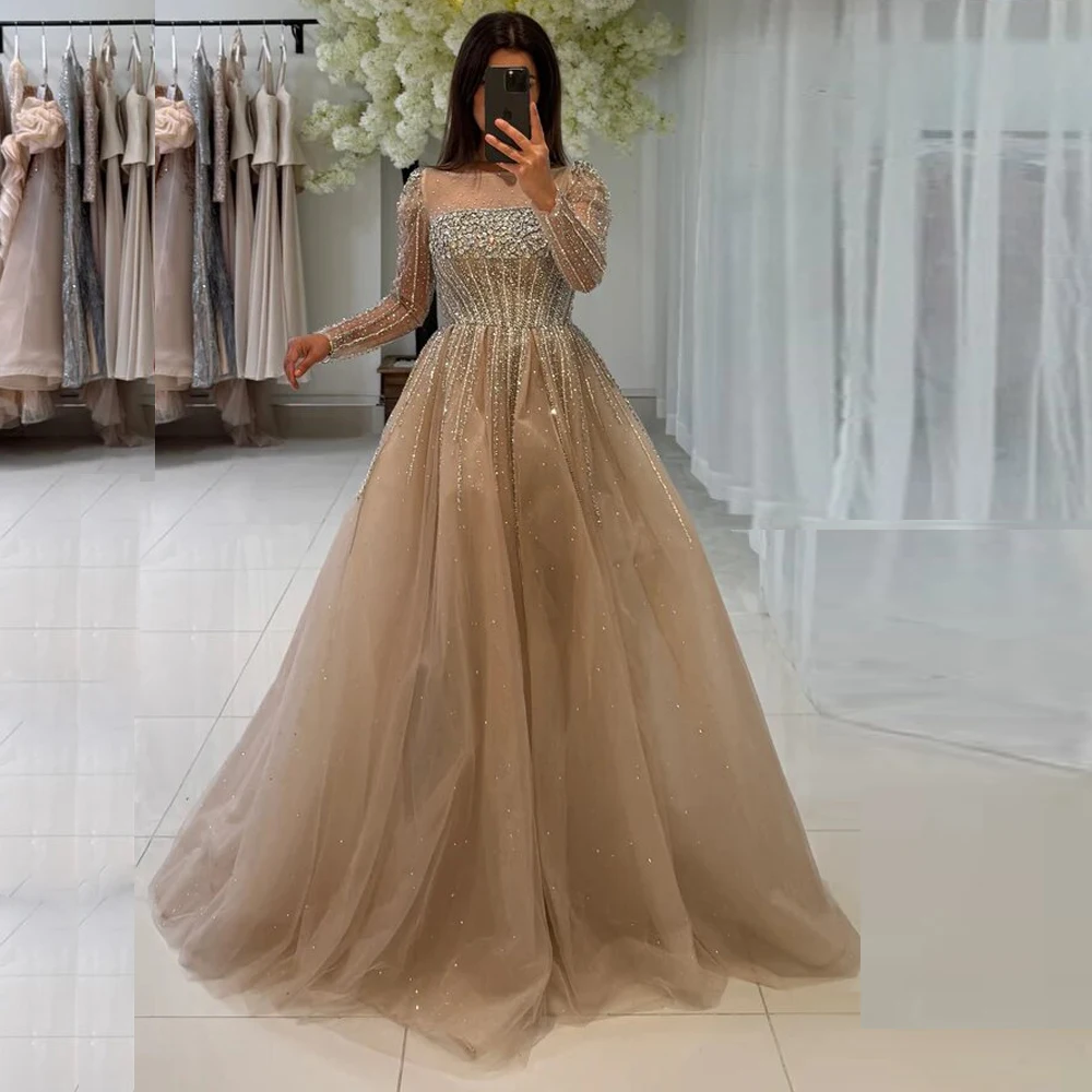 

Customized Luxurious Crystal Evening Dress 2026 Square Neck Beading vestidos 2025 tendencia Prom Gown With Long Sleeve