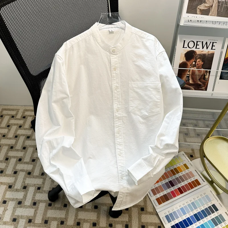 

Men White 100% Cotton Shirt Japanese Autumn Simple Basic Shirts Casual Single Breasted Male Long Sleeved Commute Top