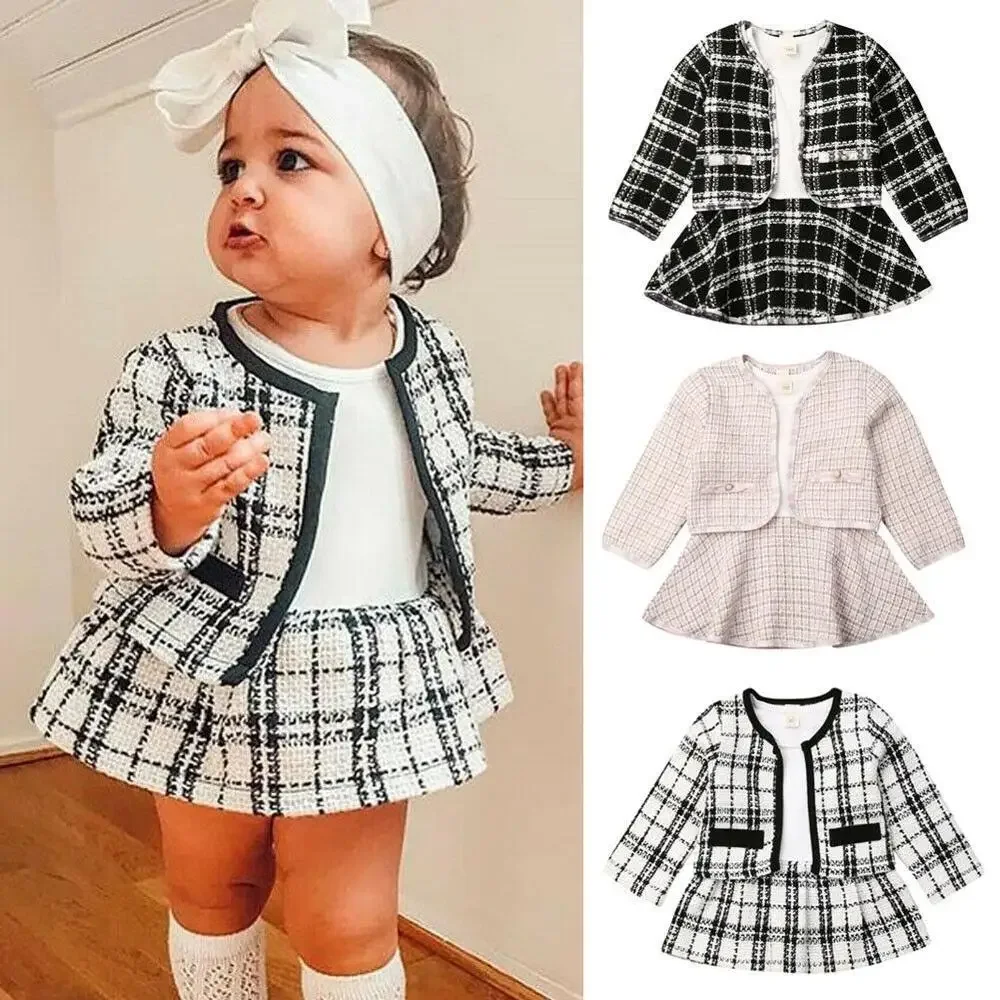 

2023 Children Long Sleeve Dress Small Fragrance Suit Toddler Kids Baby Girls Plaid Coats Jacket Knit Crochet Sweater