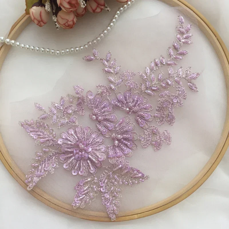 4Pcs=2Pair.DIY Handmade Beaded Flower Applique, Flower Patch, Wedding Dress Accessories, Lace Embroidery Mending Clothes