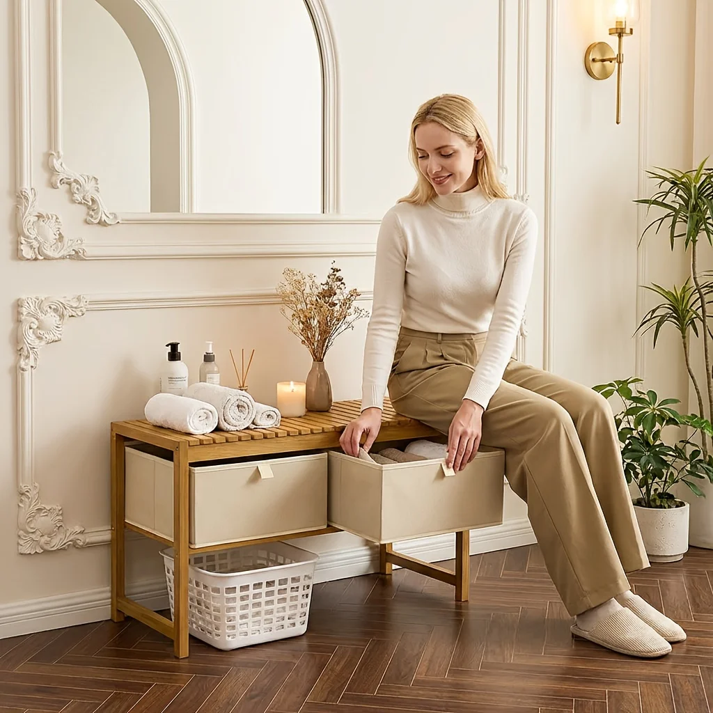 Shoe changing stool at the doorstep, home shoe wearing stool with storage drawers and two drawer storage compartments