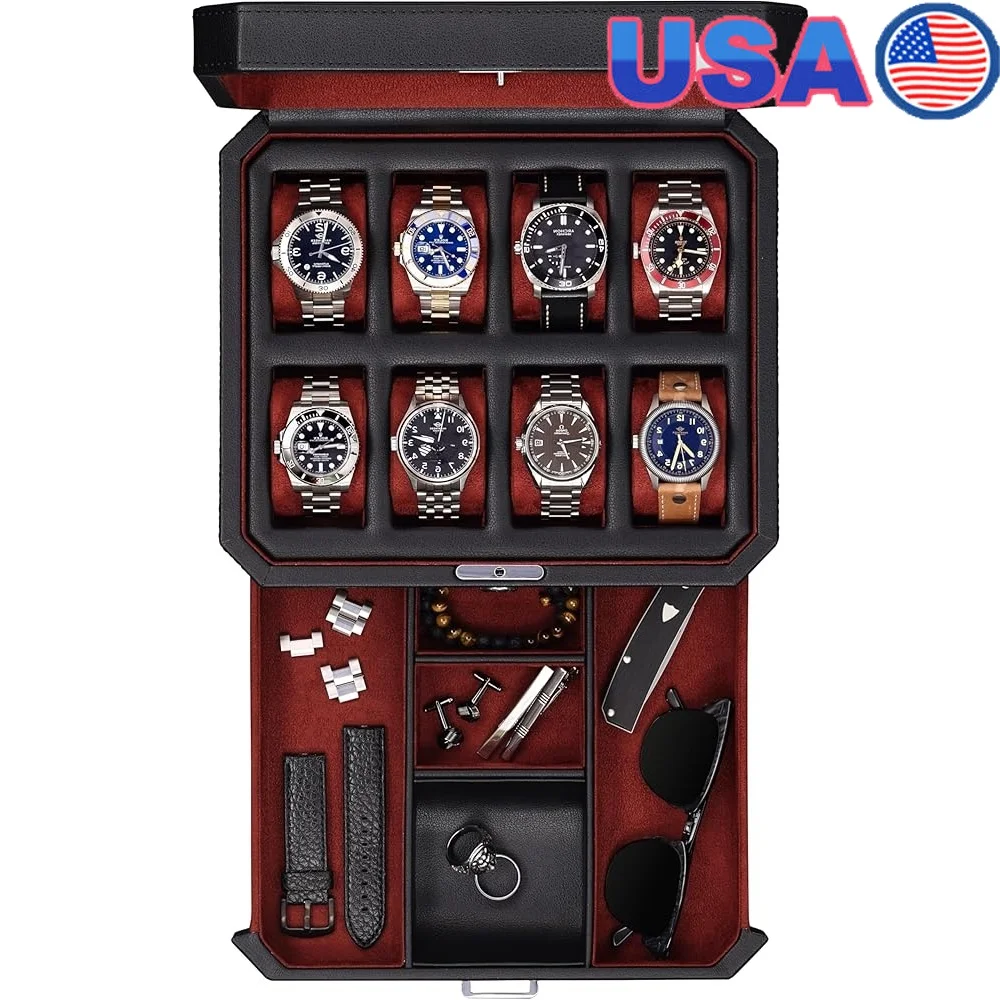 

8 Slot Leather Watch Box Display Case with Valet Drawer Organizer Real Glass Top Cufflinks Rings Sunglasses Storage Gift Box