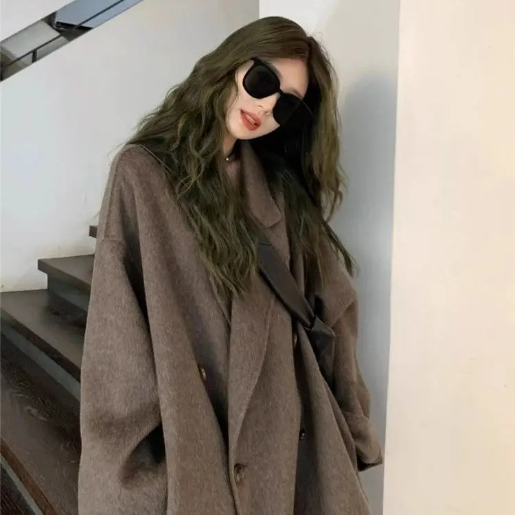 Dámský vlněný kabát v barvě plus size, moka coffee, nový, korejský styl, vysokoškolský styl, malá velikost, svrchní oblečení - náhled 2