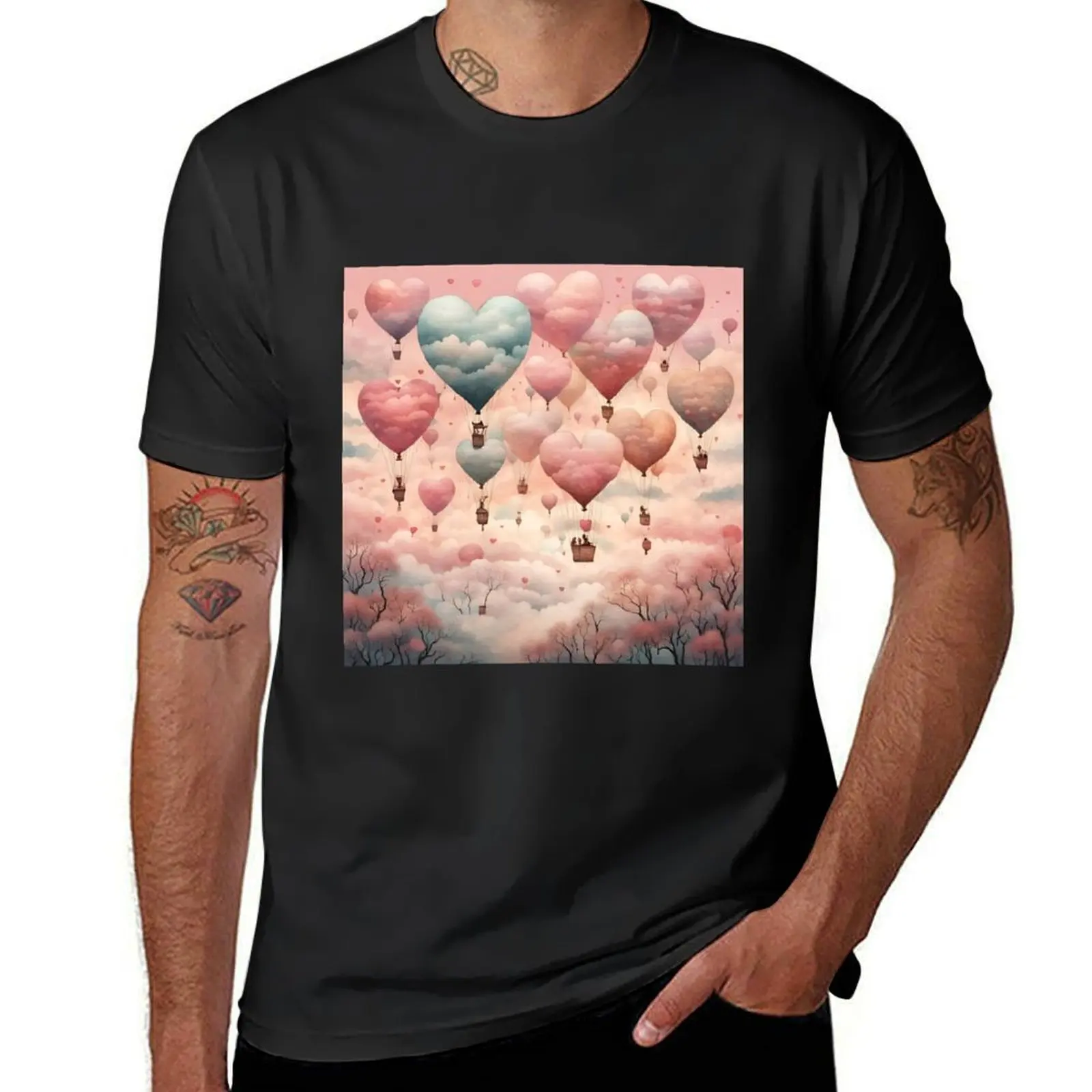 Love Heart Shaped Ballons Pink Watercolor T-Shirt cute tops plus sizes animal prinfor boys Men's cotton t-shirt