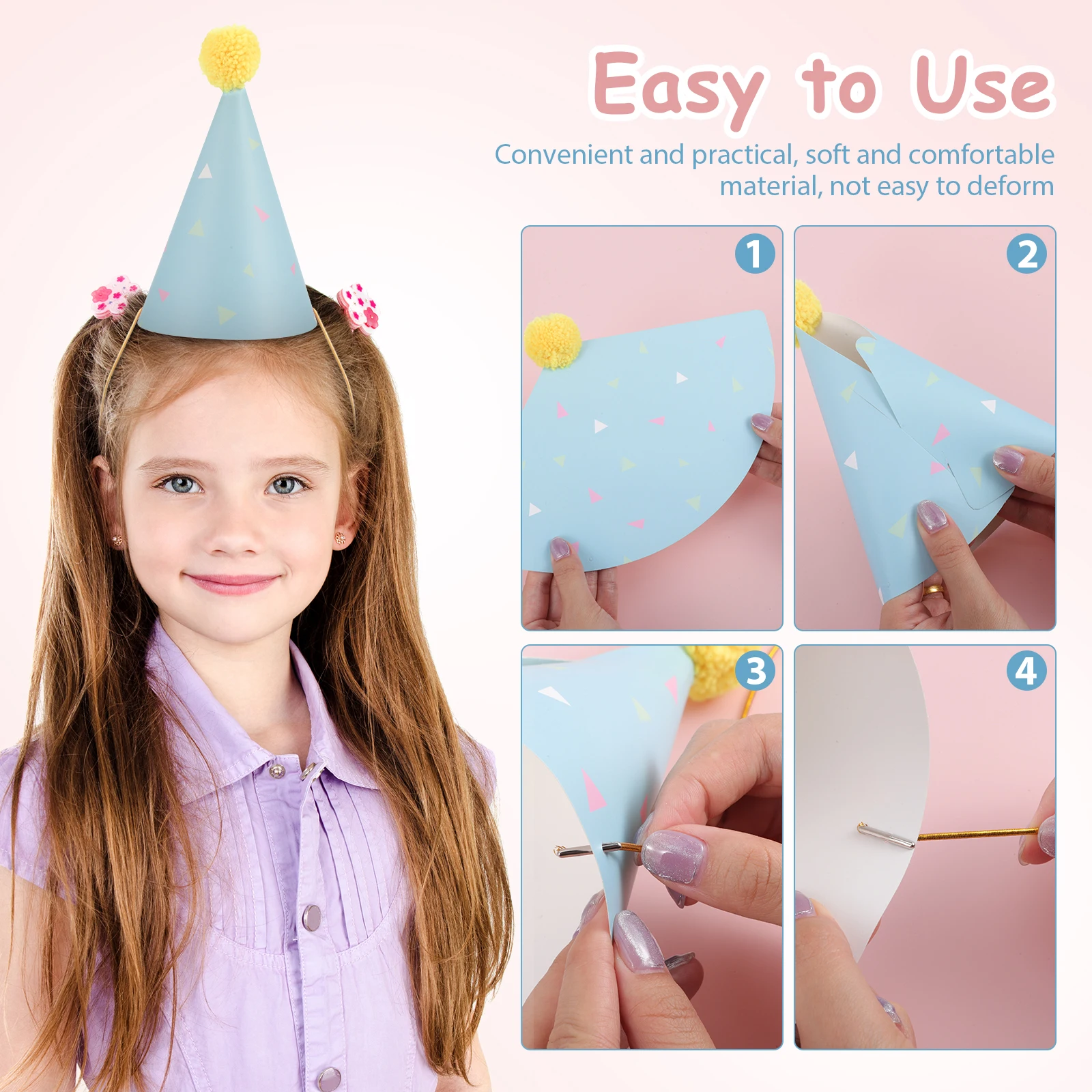

16pcs Birthday Hats Kids Birthday Party Cone Caps Patterned Festival Event Paper Cone Caps Pompom Hat Headwear Carnival Supplies