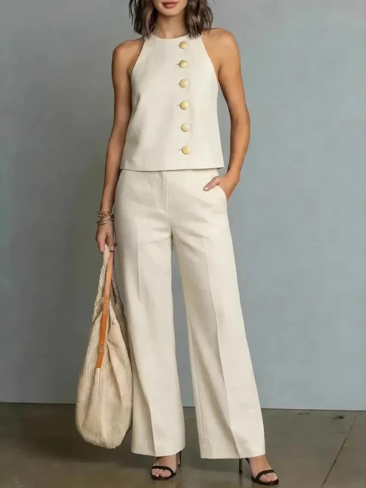 Women Suit Sleeveless Gold Button Waistcoat and Wide Leg Pants Elegant Office Lady Work Wedding Casual Chic 2 Piece Outfit
